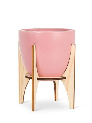 7″ Pot Ceramic Pink w/ Wood Stand 27-SWEDEN-LG