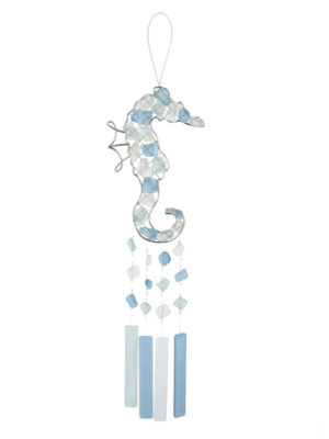 16″ Windchime Sea Glass Seahorse Blue/White CB182096
