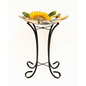 16″ Birdbath Glass w/ Sunflowers & Bee AWD462